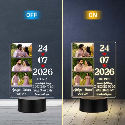 Personalized Couple Photo Lamp Customized with 3 Photos, Names & Special Date Unique Wedding or Engagement Gift for Couples Romantic Warm White Light Home Decor